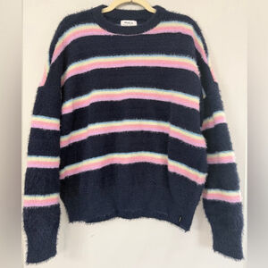 RVCA Women’s XS Oversized (measures larger) Navy Pink Yellow Retro Fuzzy Sweater